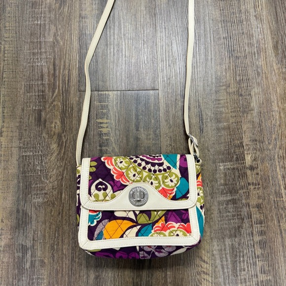 Vera Bradley Handbags - Vera Bradley Quilted Crossbody Bag Colorful Floral Print Cream Leather Trim‎